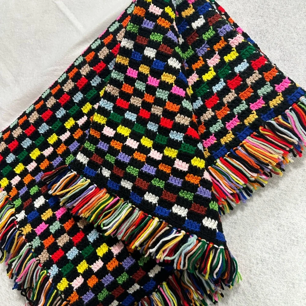 Handmade Crochet Fringe Multicolored Afghan Throw  Blanket 47x65